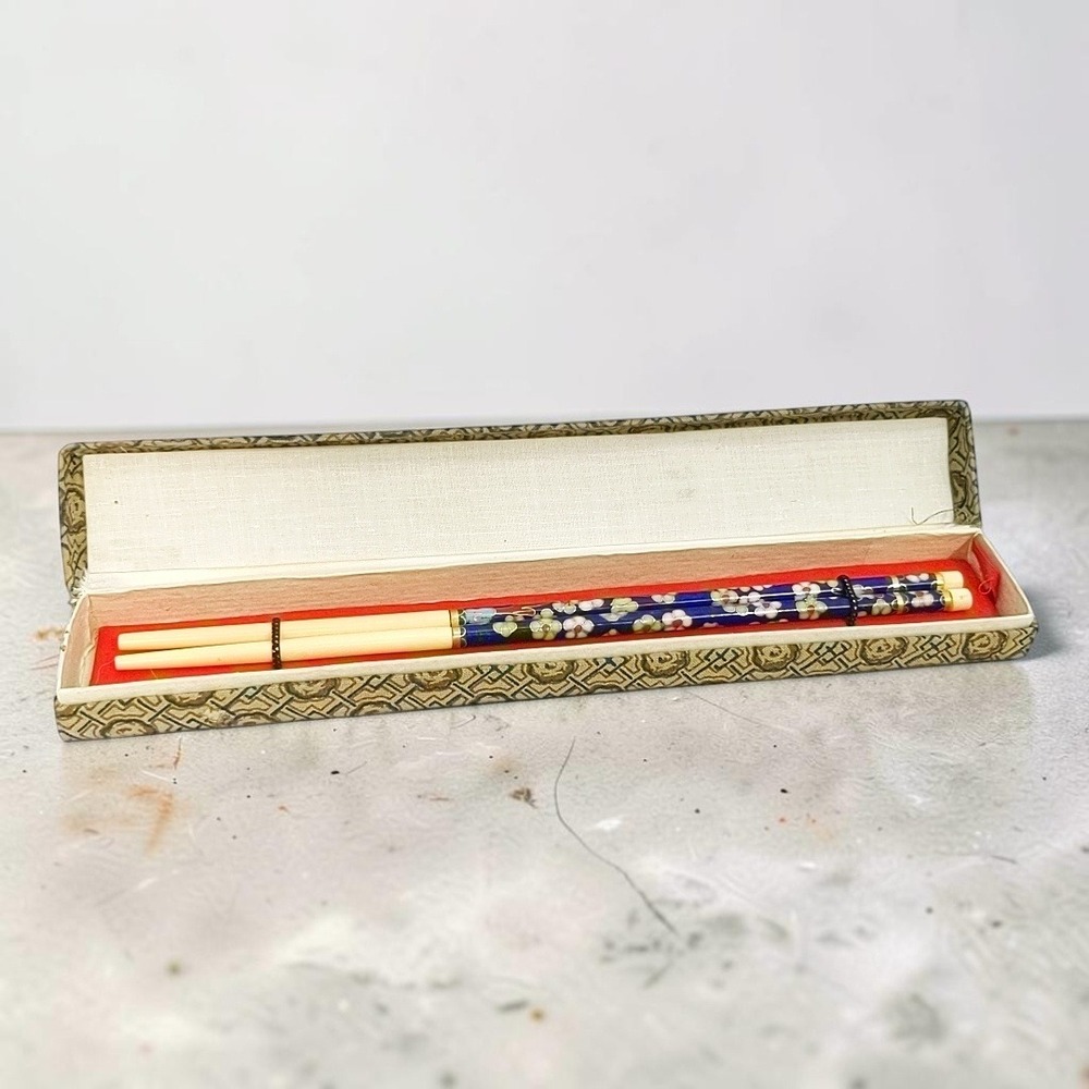 VTG 1980s Chinese Cloisonne Enamel Chopsticks Floral Blue Bone 1 Pair Boxed